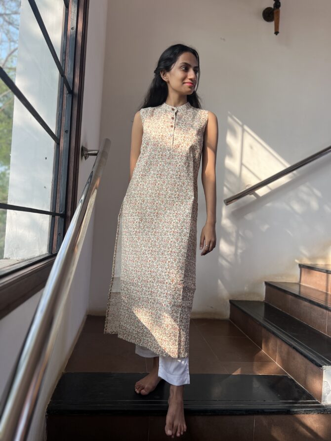 Cream Printed Cotton Kurta