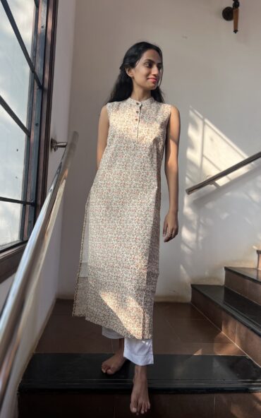Cream Printed Cotton Kurta