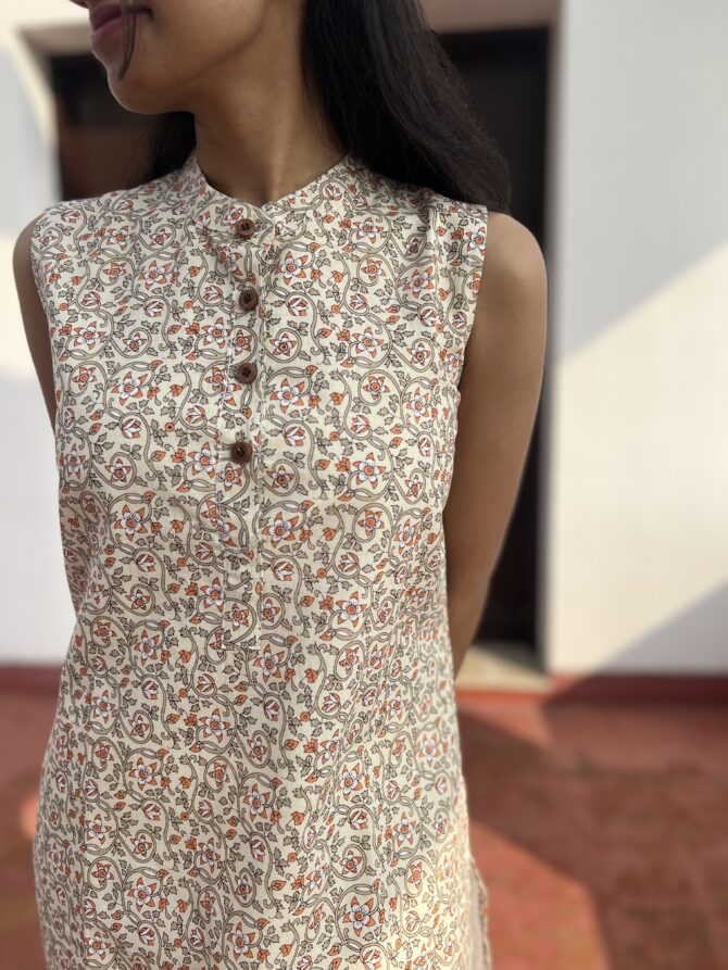 Cream Printed Cotton Kurta - Image 2